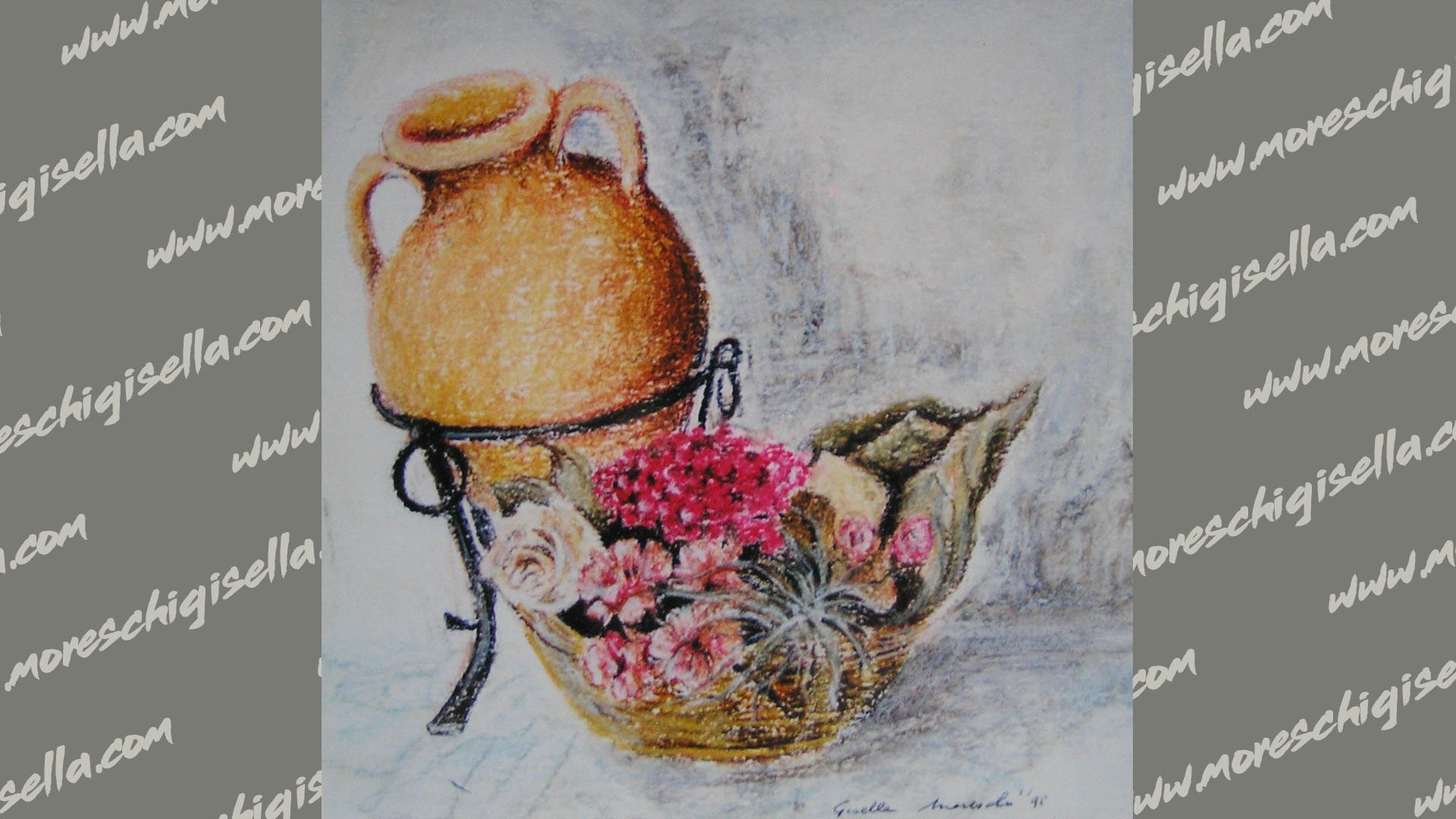 anfora con cestino di fiori secchi
